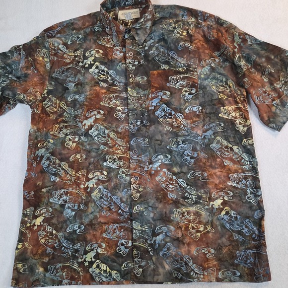 Johari West Other - Johari West Shirt Mens 3XLT Brown Batik Hawaiian Short Sleeve Large Mouth Bass